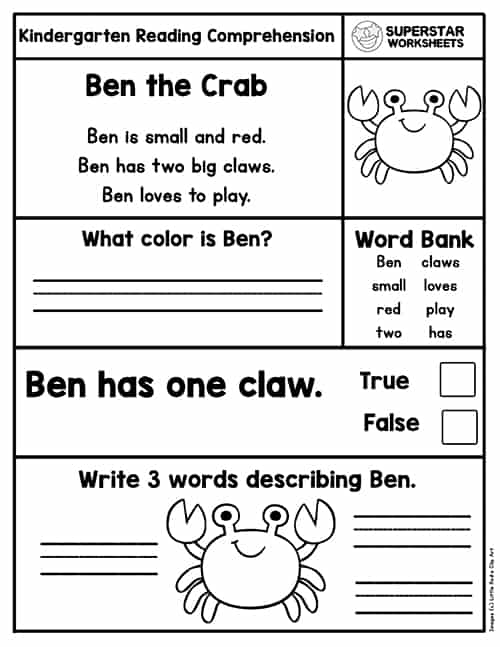 Kindergarten Reading Comprehension Worksheets - Superstar Worksheets