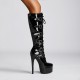 Black patent platform heels boots straps buckle