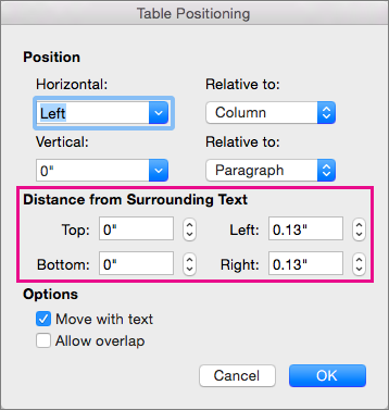 Set the space between the selected table and body text under Distance from surrounding text.