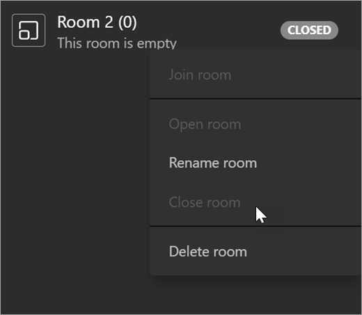 Dropdown under a Breakout Room with Close room selected.