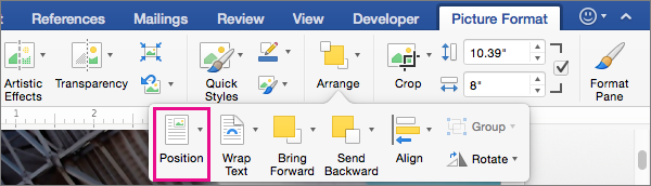 Click Position to set the position of the table relative to the surrounding text.