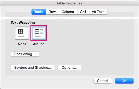 Click Around to have text wrap around the selected table.