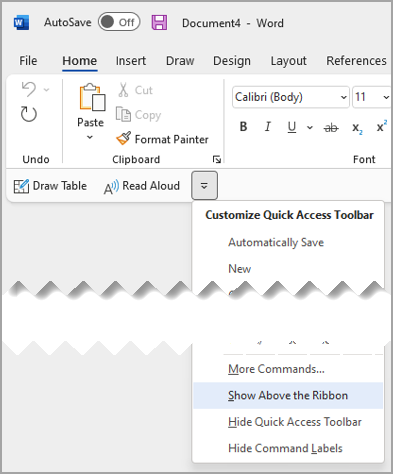 Quick Access drop-down menu Show above the ribbone