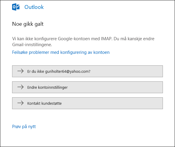 Noe gikk galt under forsøk på å legge til en e-postkonto i Outlook.