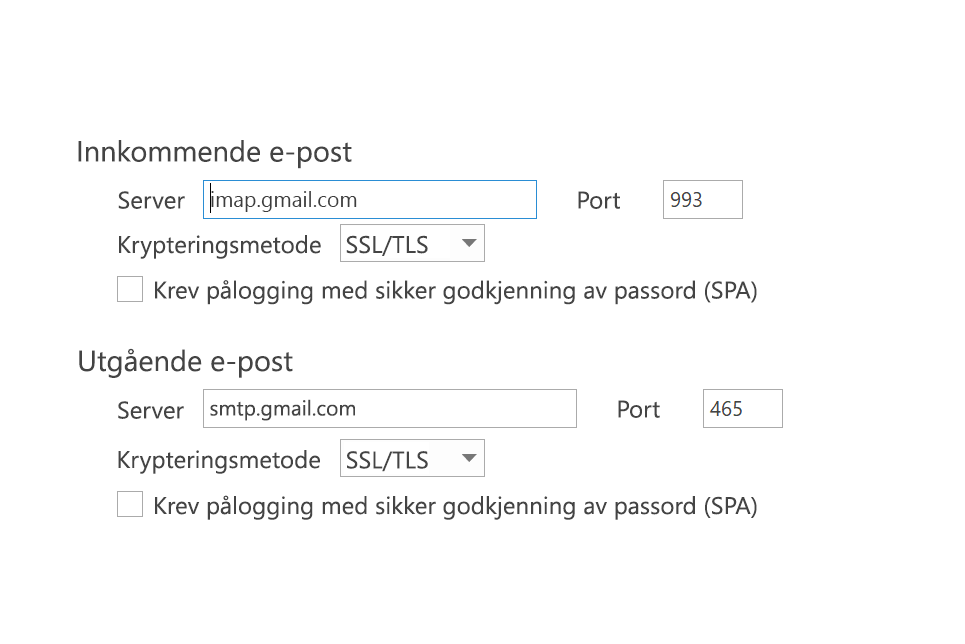 SPA er ikke merket av i IMAP-innstillingene