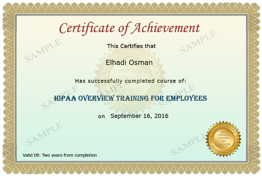 HIPAA Training Sample Certificate