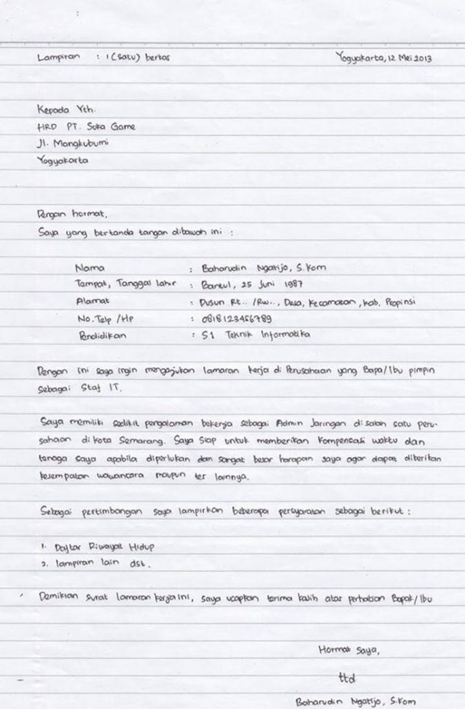 Surat Lamaran Tulis Tangan