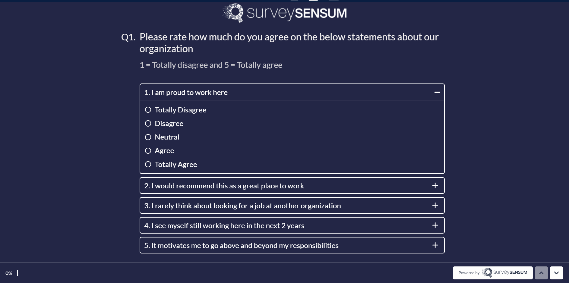 This is an image of an Employee experience survey where the employee is being asked to rate their experience on different aspects of work culture like what they think about the workplace, if they would recommend the company to others if they are looking for other jobs if they want to work in there for the next two years, and if the work motivates them to go above and beyond their responsibilities.