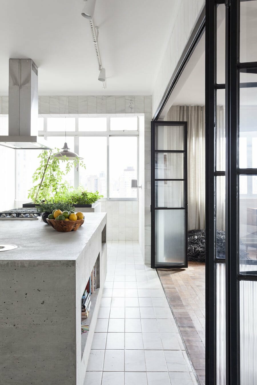 kitchen, waterfall island, concrete, marble tile