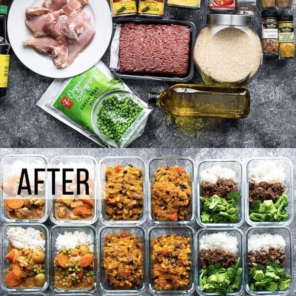 collage image of a variety of ingredients and the multiple freezer friendly lunches they turn into