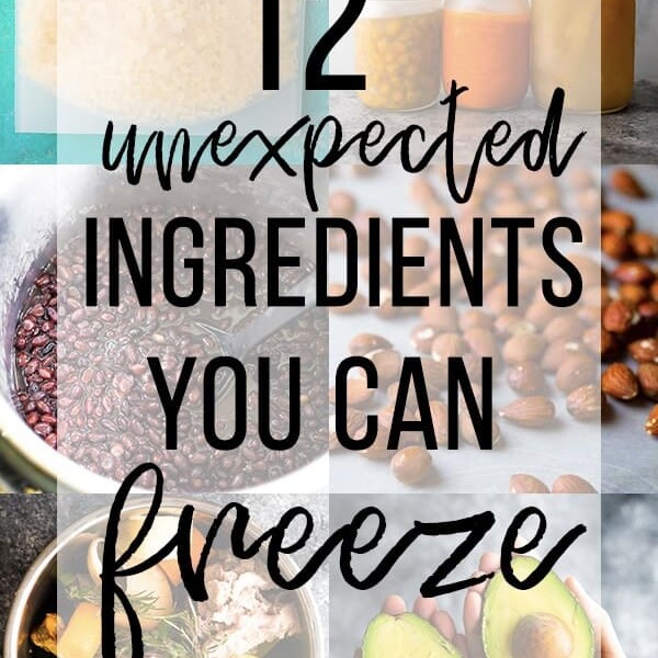 collage image of various foods with text overlay saying 12 unexpected ingredients you can freeze