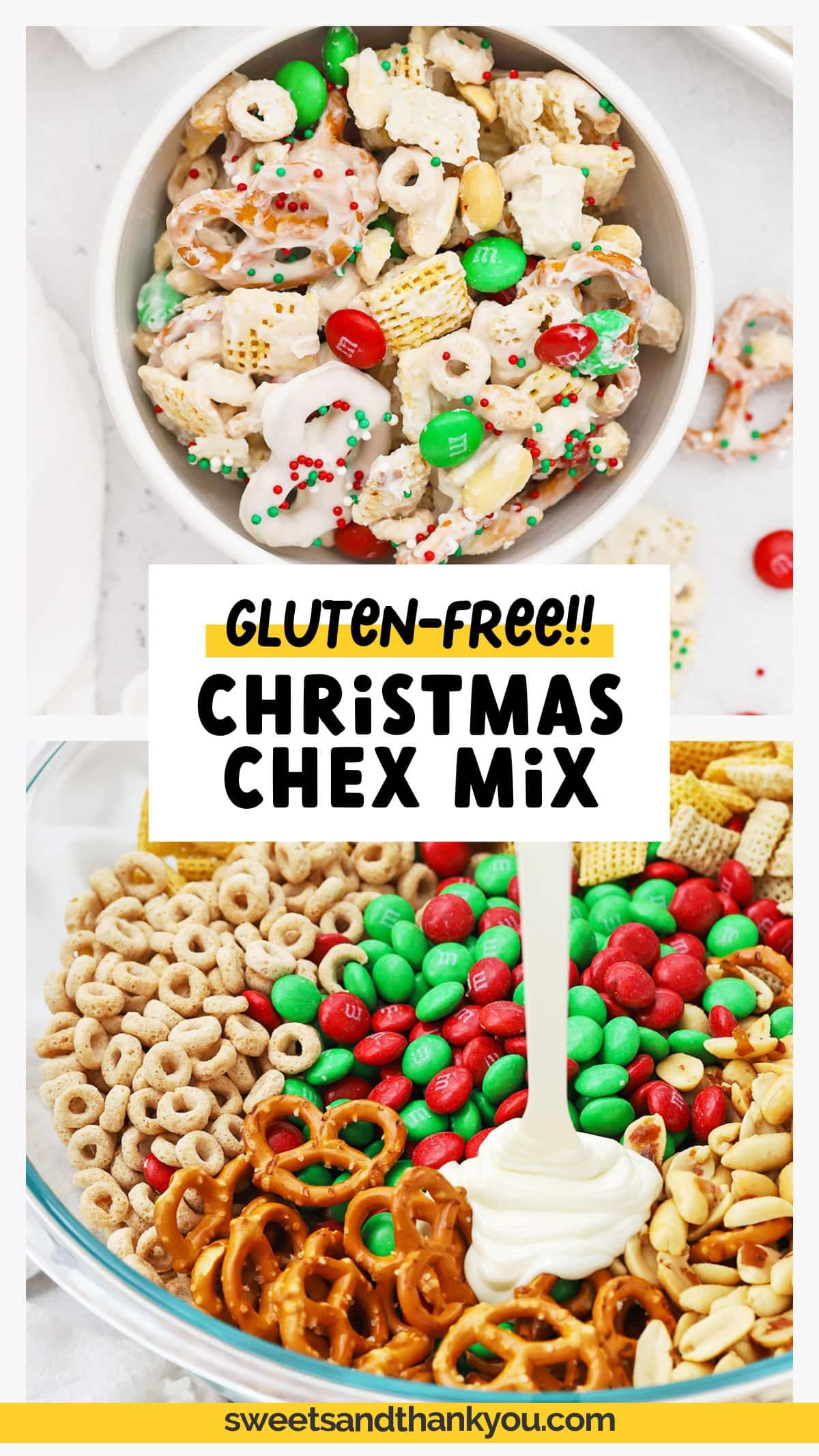 This easy gluten-free christmas chex mix recipe is so fun and festive! It's a perfect holiday treat to share with friends & neighbors and makes a great snack for holiday parties. Crispy, crunchy, sweet, salty, and CUTE, this red and green gluten-free holiday chex mix recipe has everything! Get this no-bake gluten-free holiday snack mix and more easy gluten-free holiday treats to try at Sweets & Thank You (Don't miss our tips for extra pretty chex mix!)