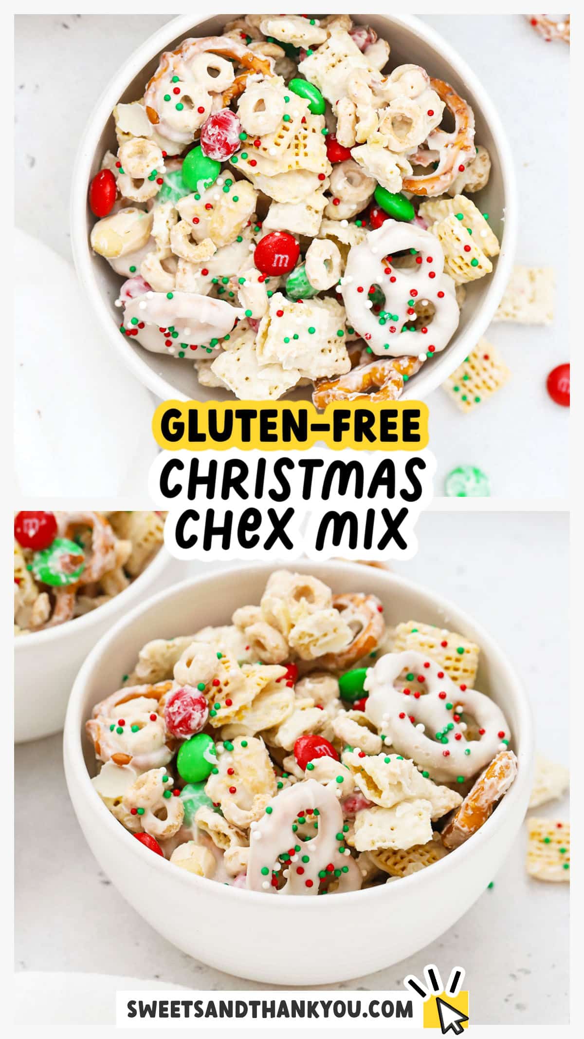 This easy gluten-free christmas chex mix recipe is so fun and festive! It's a perfect holiday treat to share with friends & neighbors and makes a great snack for holiday parties. Crispy, crunchy, sweet, salty, and CUTE, this red and green gluten-free holiday chex mix recipe has everything! Get this no-bake gluten-free holiday snack mix and more easy gluten-free holiday treats to try at Sweets & Thank You (Don't miss our tips for extra pretty chex mix!)