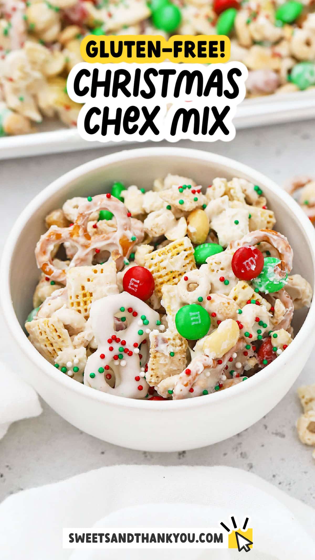 This easy gluten-free christmas chex mix recipe is so fun and festive! It's a perfect holiday treat to share with friends & neighbors and makes a great snack for holiday parties. Crispy, crunchy, sweet, salty, and CUTE, this red and green gluten-free holiday chex mix recipe has everything! Get this no-bake gluten-free holiday snack mix and more easy gluten-free holiday treats to try at Sweets & Thank You (Don't miss our tips for extra pretty chex mix!)