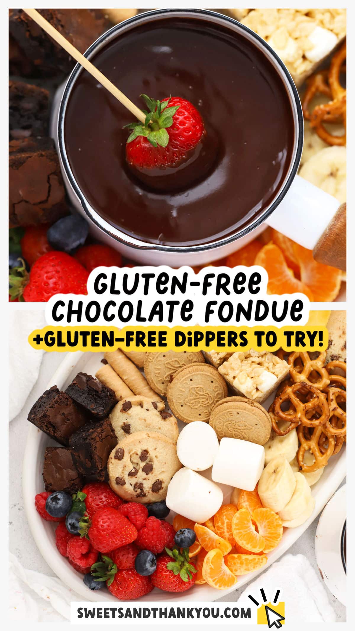 Our easy gluten-free chocolate fondue recipe is perfect for your next at-home date night or dinner party! This dessert fondue is rich, delicious, and so easy to make. It's the perfect gluten-free Valentine's Day dessert, New Year's Eve treat, or special dessert for Christmas Eve. Gluten-free chocolate desserts like this are always a hit with kids AND grown-ups, so they're great for entertaining! Get the recipe & our BIG list of 25+ gluten-free fondue dipper ideas to try at Sweets & Thank You