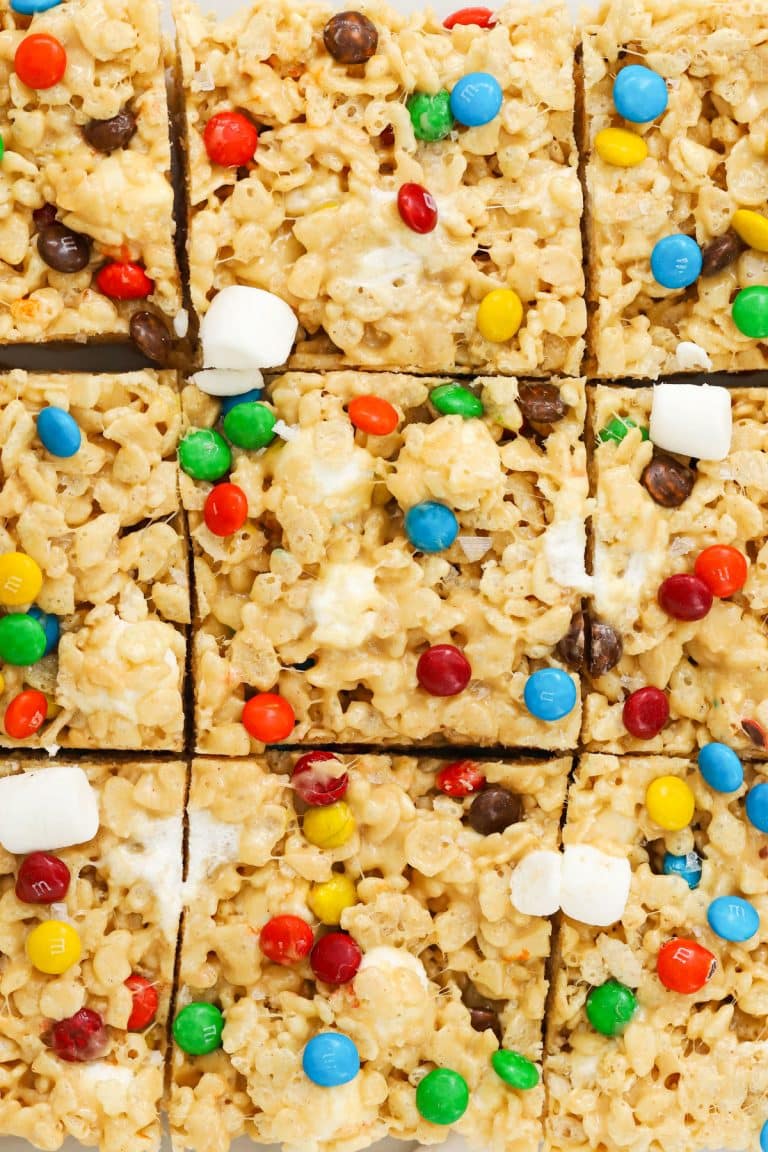 gluten-free m&m rice krispie treats cut into squares