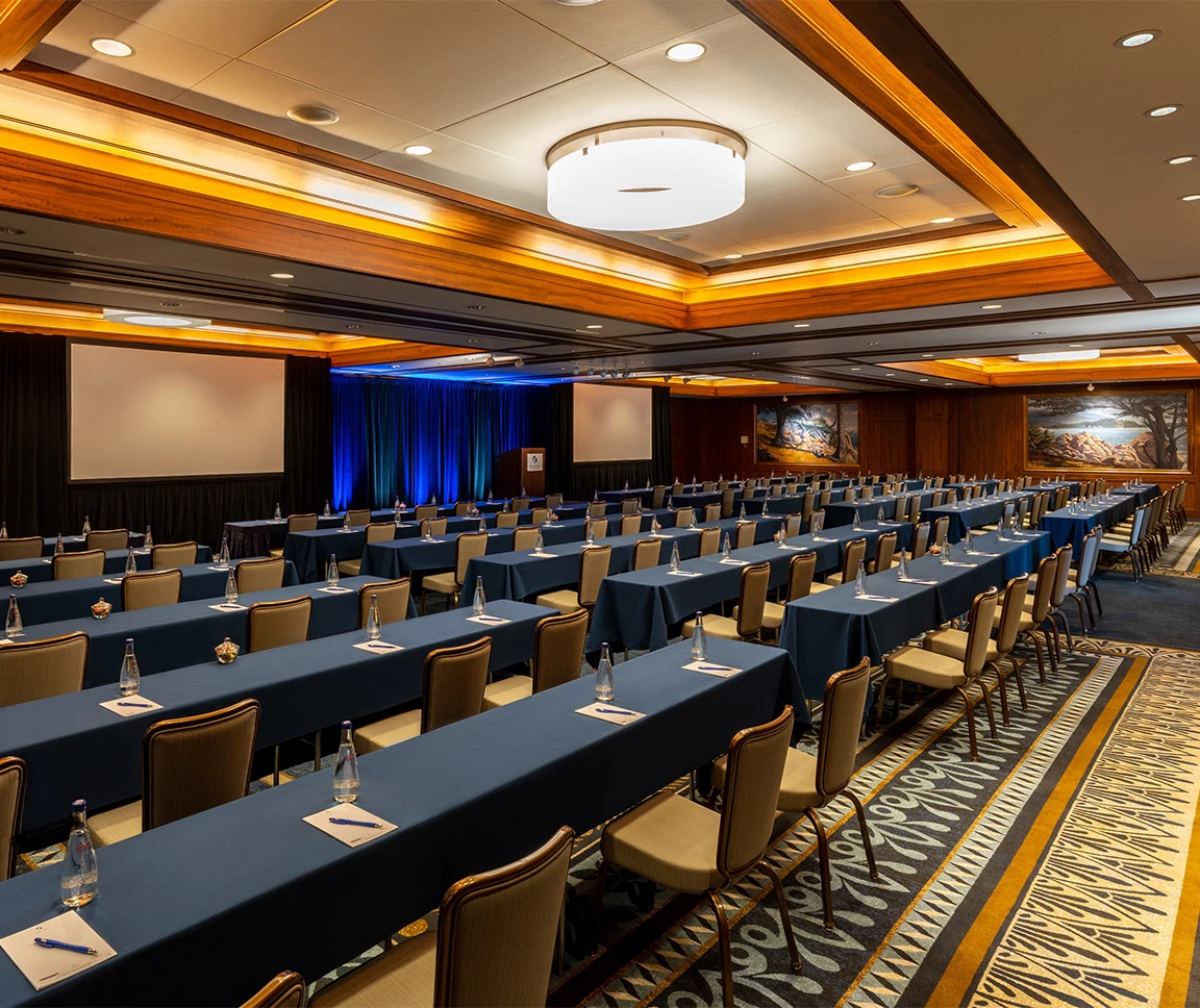 a conference room with blue tables