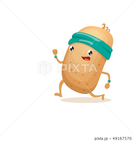 Cartoon funky potato character running or jogging isolated on white background. Cute sporty 49167570