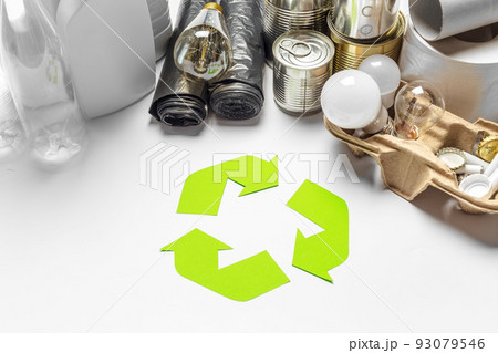 Eco concept with recycling symbol on table background top view 93079546