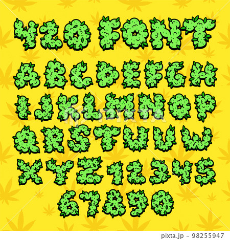 Cannabis letters font.Vector hand drawn cartoon illustration. Funny trippy,cannabis,marijuana,weed bud,420,rasta print for t-shirt,poster,logo art concept 98255947