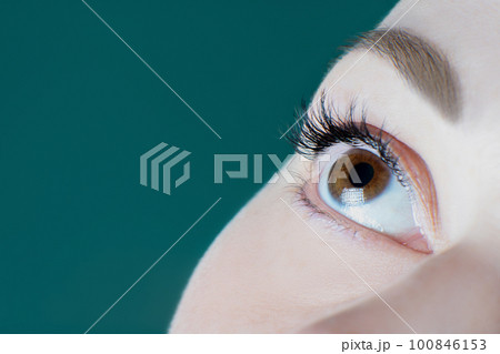 Close-up of closed eye with long eyelashes, black eyeliner, perfect skin, ideal eyebrow of unrecognizable young woman. 100846153