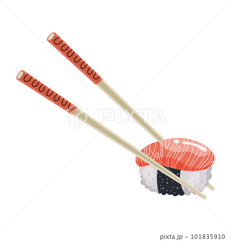 Pair of wooden chopsticks with sushi or roll. Asian cuisine. Food illustration, vector 101835910