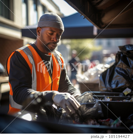 Portrait of a african american man and garbage bag on the street. Male worker cleaning the street from garbage. Recycling concept. Municipal, city employee male garbage man working on the street 105194427