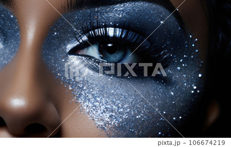 Close up woman's face artistically embellished with silver glitter. Created by AI tools 106674219