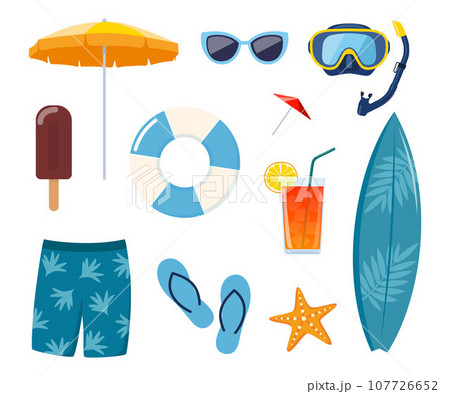 Summer beach elements, set. Summer colorful objects collection for outdoor trip vacation. Vector illustration. 107726652