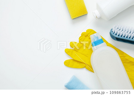 Various accessories cleaning products, rags, sponges and brushes. Top view, flat lay, copy space 109863755