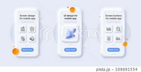 Certificate, Upper arrows and Shoulder strap line icons pack. 3d phone mockups with cursor. Glass smartphone screen. Search employee, Inflation, Search document web icon. Vector 109891554