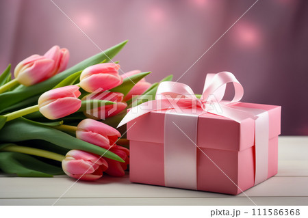 Gift Box with Pink Ribbon Beside Fresh Tulips 111586368