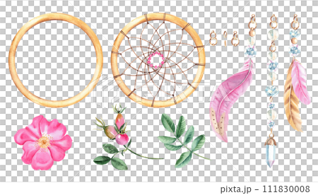 Watercolor hand drawn dream catcher set with feathers, strings of crystals, beads, golden rings and dog rose flowers. Design elements isolated on white background. 111830008