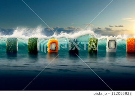 Raw sushi rolls in the ocean. Modern art sushi poster design with fantasy sushi surfer. Sushi design delivery. AI generated 112095928