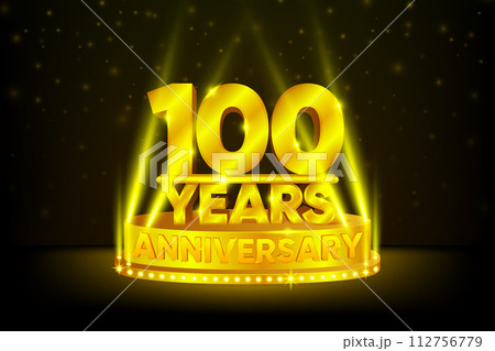 100 Years Anniversary Celebration. Anniversary podium. Anniversaries concept. Gold stage on black background. Vector illustration. 112756779