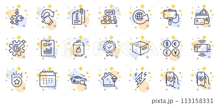 Outline set of Health app, Cogwheel and Money currency line icons for web app. Include Online voting, Lightning bolt, Gas cylinder pictogram icons. Chat app, Loyalty star, Certificate signs. Vector 113158331