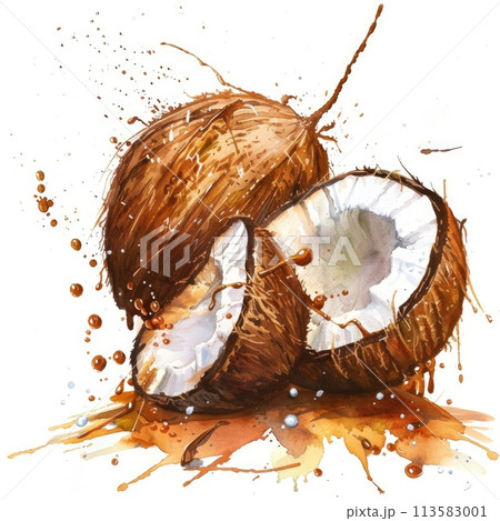 A watercolor rendition of coconuts amidst a dynamic splash of golden browns 113583001