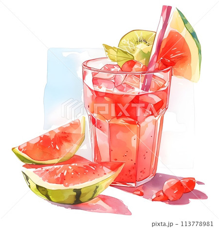 Colorful Tropical Fruit Cocktail with Ice and Citrus Garnish 113778981