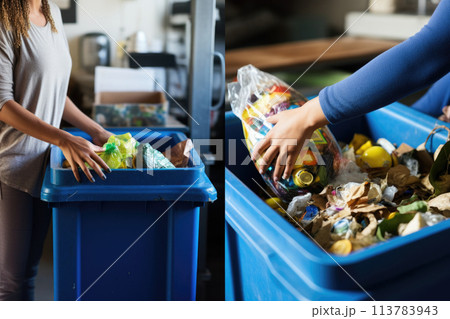 Individuals participating in recycling efforts by sorting waste into blue bins 113783943