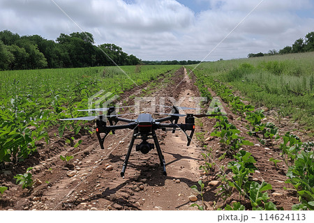 Drone is flying over a field of green plants. Modern technologies in agriculture 114624113