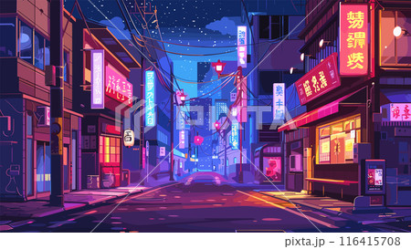 Night Tokyo Street Cartoon Game Background Urban Cityscape Japanese City Nightlife Busy Downtown Scene Neon Lights Cityscape Illustration for Gaming Environment 116415708