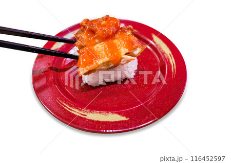 Top view of Japanese fresh fried chicken with Japanese rice in red plate, focus selective 116452597