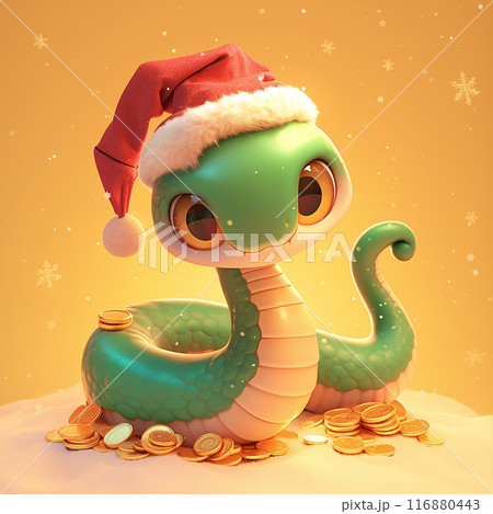 2025 green snake wearing a red hat and a bell on its hat. The snake is sitting on a pile of gold coins 116880443