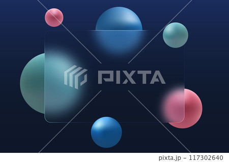 Banner made of transparent matte glass with balls on a dark background. 117302640