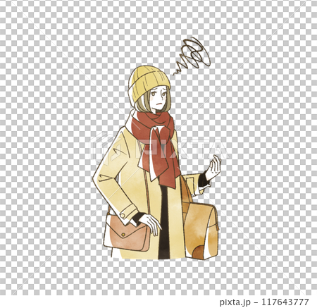 A woman with a troubled expression traveling in winter 117643777