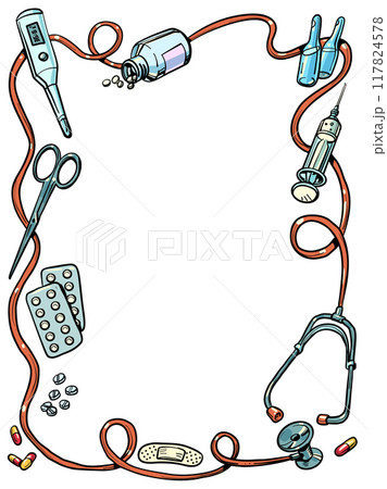 Tools and methods of treatment in medicine. Frame of illustrations related to patient treatment. Special offer for advertising pharmacies and medical services. 117824578