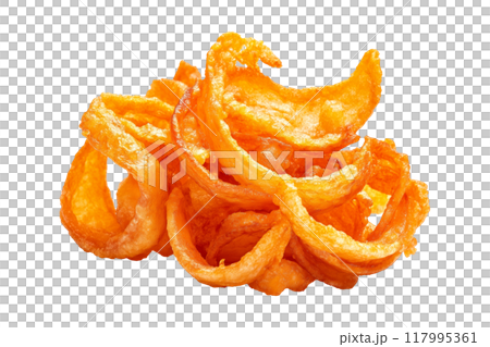 Pile of crispy curly onion fries isolated on a white background. Concept of fast food snacks. 117995361