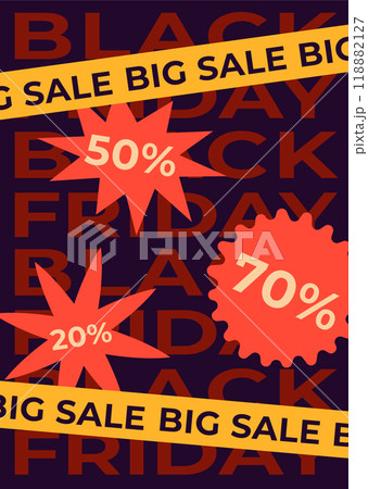 Black Friday sale vertical background with warning tapes, ribbons. Template for poster, brochure, print or flyer. Vector illustration 118882127