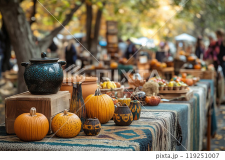 Autumn harvest market filled with pumpkins and handmade crafts in a sunny park 119251007