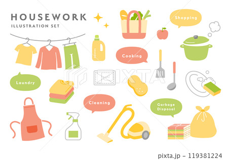 シンプルな家事のイラストセット　アイコン　料理　洗濯　掃除　買い出し　洗濯物　掃除機　家事代行　生活 119381224